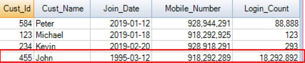 Old customer table in Banking database