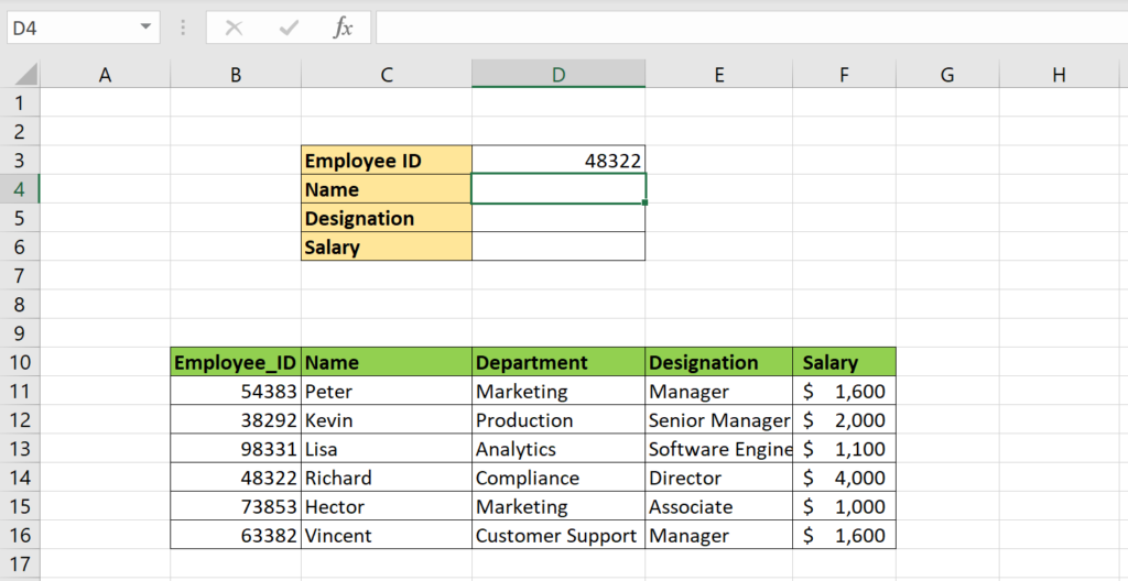 Input data for Vlookup function in Excel
