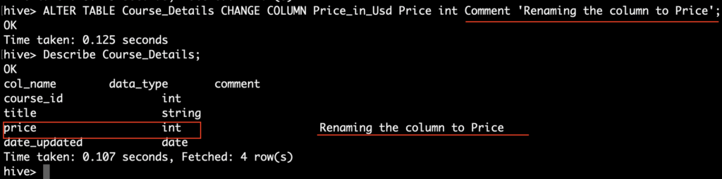 Renamed the column with comments in Hive