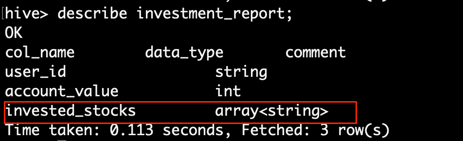 Describe column names of hive table