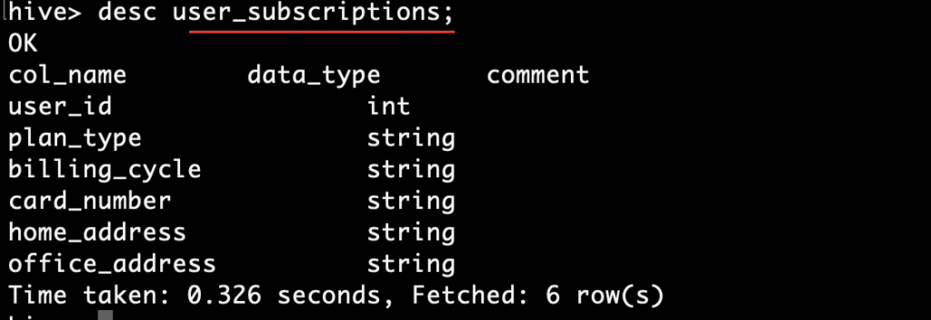 Describe table in Hive