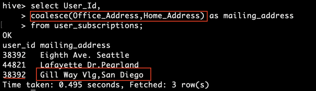 Coalesce function example with multiple columns in Hive