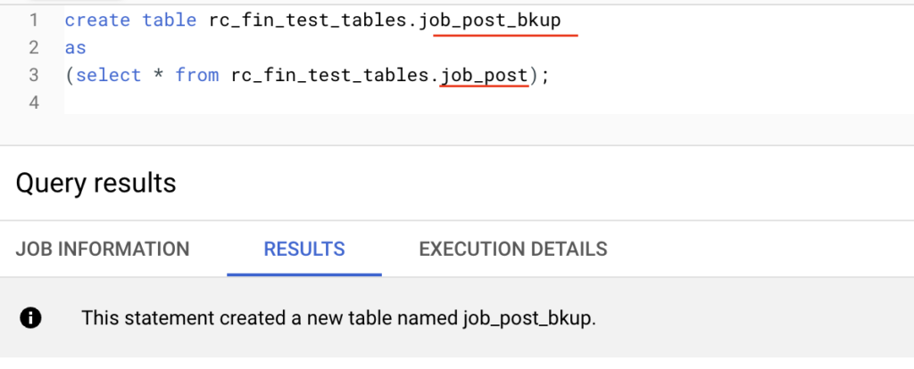 Create Table As Select Statement example in BigQuery