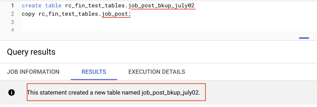 Create Table Copy statement example in BigQuery