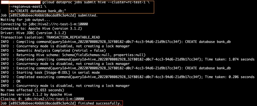 Create database in Hive using gcloud command