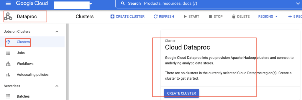 Cloud DataProc in Google Cloud Console