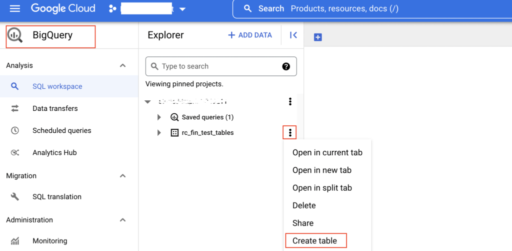 Create BigQuery table in Google Cloud Console
