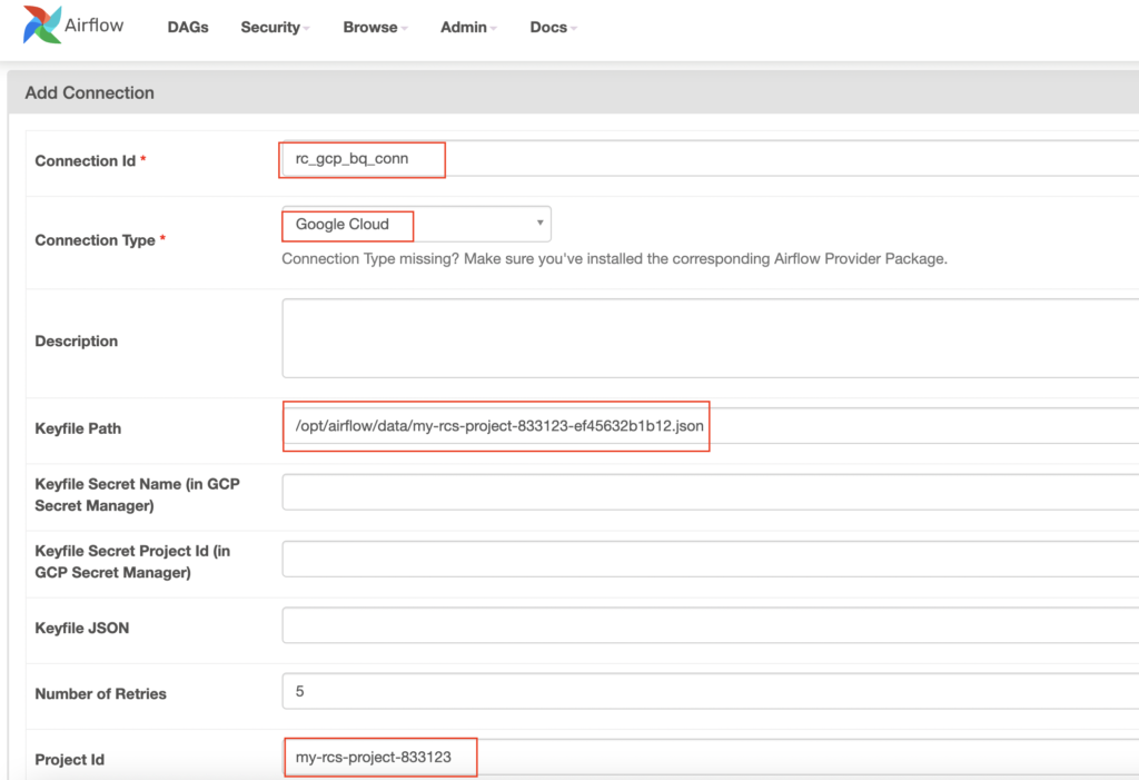 Add BigQuery connection in Apache Airflow