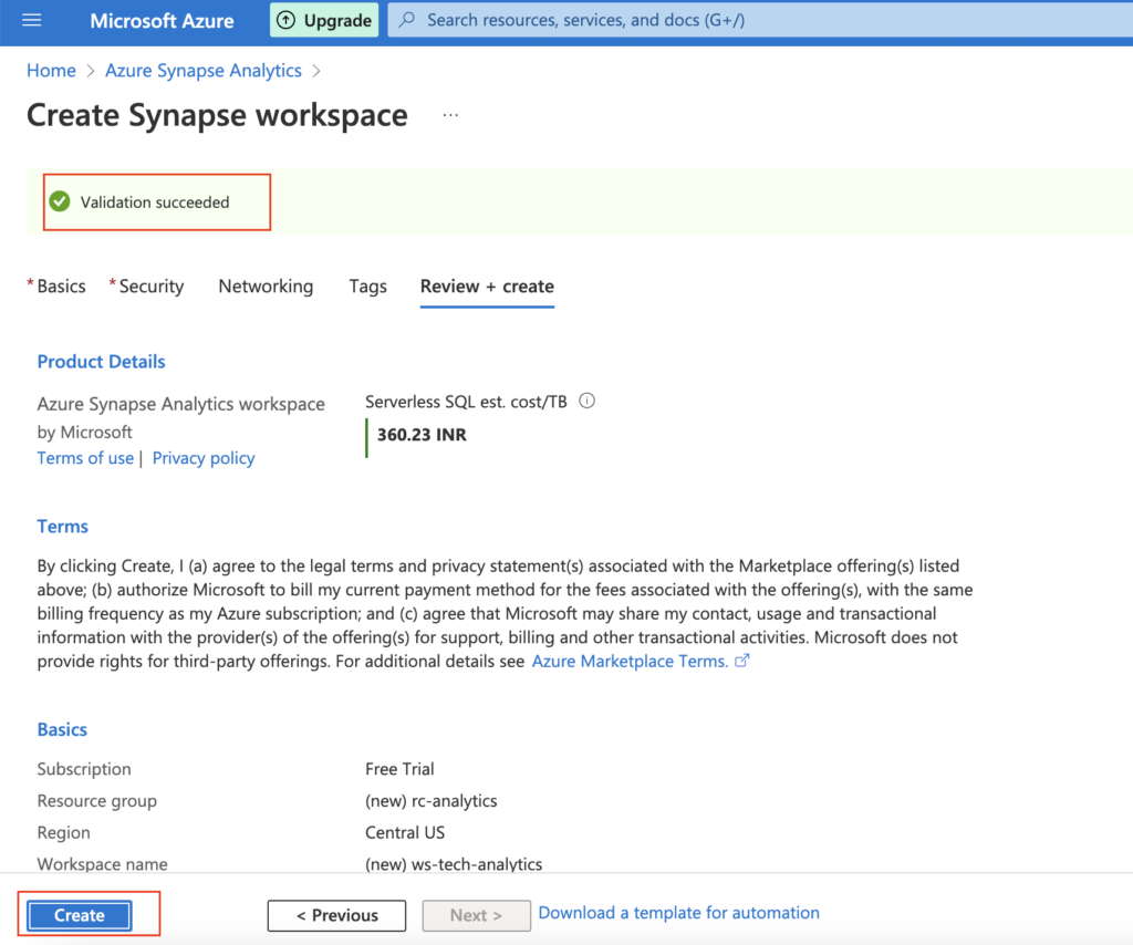 Review configuration in Azure synapse analytics